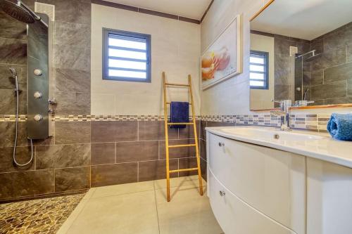 un bagno con lavandino e doccia di Villa Castors - 3 étoiles - 8 Voyageurs - Piscine chauffée a Saint-Pierre