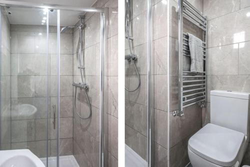 two images of a bathroom with a shower and a toilet at Large Modern Spacious House 6 Bedrooms 5 Bathrooms in London