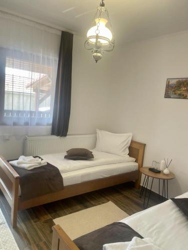 a bedroom with a bed and a window at Bingyó Vendégház in Lupeni