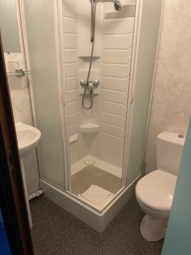 ein Bad mit einer Dusche und einem WC in der Unterkunft Hôte de la Plage in Dunkerque