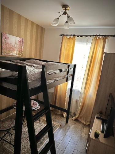 Un dormitorio con una litera y una ventana. en Old Town Central Studio, en Brasov