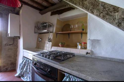 a kitchen with a stove and a counter top at Elettra Flower Roccia in Montecatini Val di Cecina