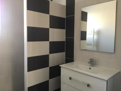 une salle de bain avec un lavabo et un miroir dans l'établissement Maison à Longeville-sur-Mer : Plage, Surf et Détente - FR-1-336-109, à Longeville-sur-Mer