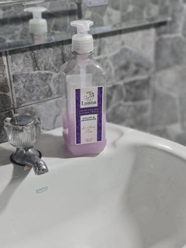 una botella de jabón de lavanda en el lavabo del baño en Hermoso Glamping en Quinta Privada, en Quito