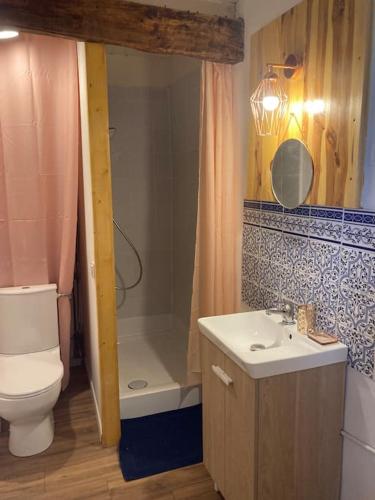 une salle de bain avec toilettes, lavabo et douche dans l'établissement Maison, Le Champ du Rossignol, à Beuvron-en-Auge