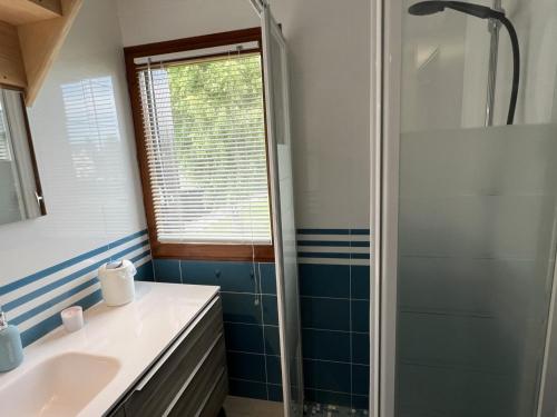une salle de bain avec un lavabo et une douche dans l'établissement **Cottage 6 pers à Cabourg - Proche plage et thalasso, jardin, parking, Wi-Fi gratuit** - FR-1-487-358, à Cabourg