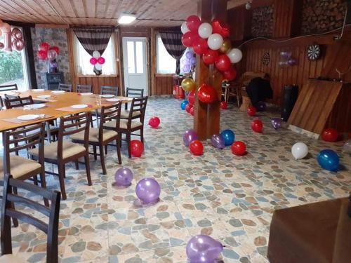 a room with a table and balloons on the floor at Cabana Floare de stâncă Retezat cu Ciubar in pădure in Hunedoara