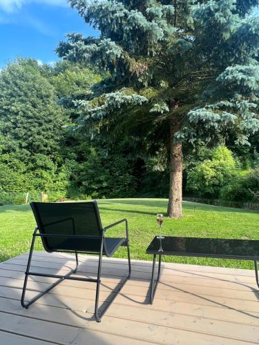 a bench sitting on a sidewalk next to a tree at Dom w Marczowie in Przezdziedza