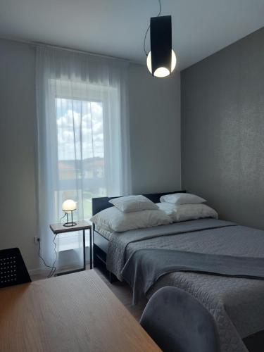 1 dormitorio con 2 camas y ventana en Paskom Apartmanház, en Nyergesújfalu