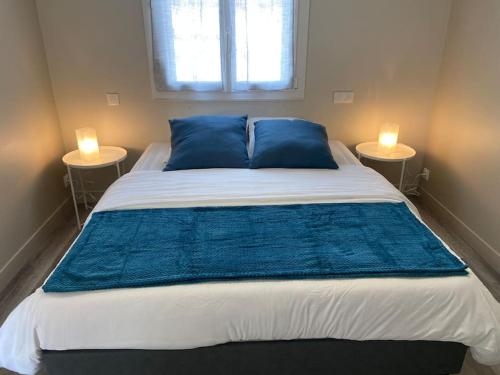 1 dormitorio con 1 cama grande con almohadas azules en Proche Chambord - Gîte Cosy à l'Orée du Bois de St Cyr, en La Ferté-Saint-Cyr