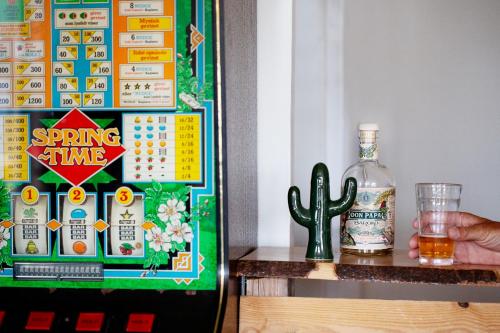 a bottle of whiskey on a table next to a cactus at Stone Mountain BnB in Stenbjerg