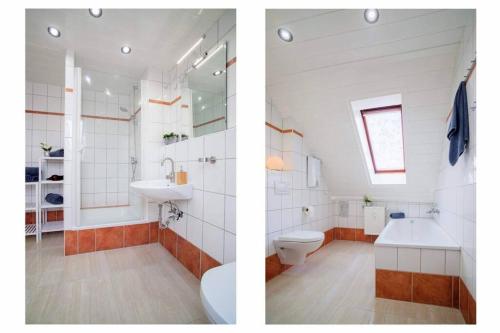 2 Bilder eines Badezimmers mit Waschbecken und WC in der Unterkunft Top Equipped Netflix WLAN CentrO OLGA-Park in Oberhausen