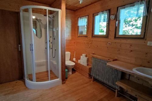 ein Bad mit einer Dusche und einem WC in der Unterkunft Gite, Le nid des roses in Morbier