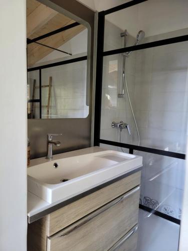 La salle de bains est pourvue d'un lavabo blanc et d'un miroir. dans l'établissement Loft 40m2 avec terrasse pilotis, à Fréjus