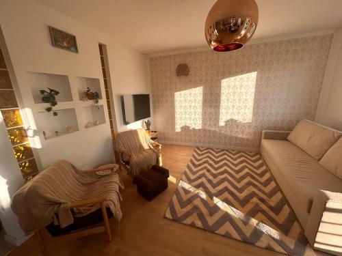 un soggiorno con divano e tappeto di Przestronny apartament a Danzica