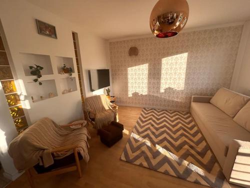 a living room with a couch and a rug at Przestronny apartament in Gdańsk
