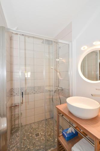 une salle de bain avec un lavabo et une douche en verre dans l'établissement Le Petit Cellier, à Coulommes-la-Montagne