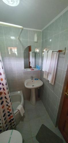 a bathroom with a sink and a toilet and a tub at Pensiunea TOP DEMAC in Slănic