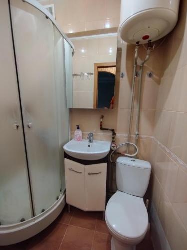 a bathroom with a toilet and a sink and a shower at Жилье в Кропивницком in Kropyvnytskyi