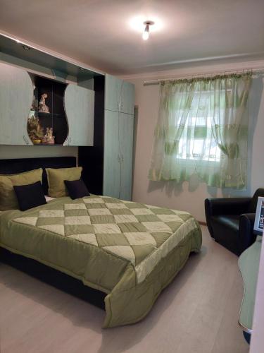 a bedroom with a large bed and a window at Casa Elisei in Asău