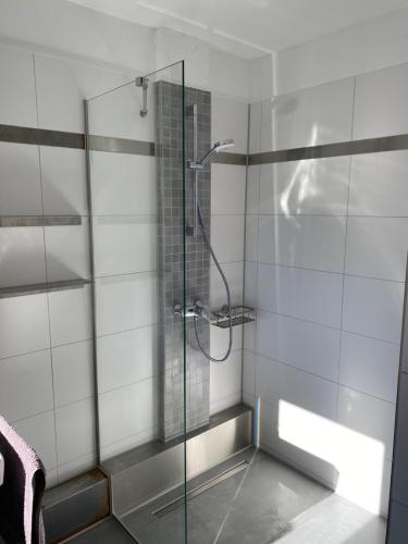 a shower with a glass door in a bathroom at Haus in Esch in Esch