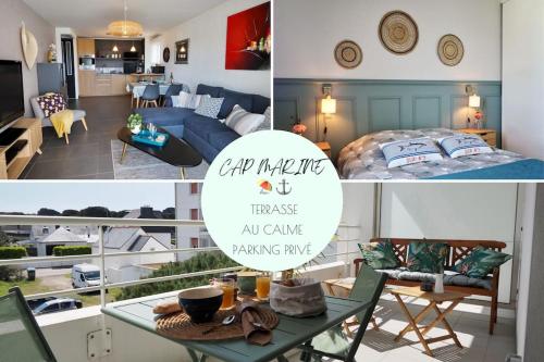 un collage de photos d'un salon et d'une chambre dans l'établissement Cap Marine - Petit cocon à Etel, à Étel