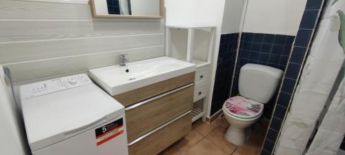 uma pequena casa de banho com lavatório e WC em Appartement 45m² 1er étage em Lunel