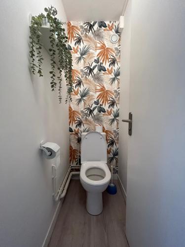 uma casa de banho com um WC com plantas na parede em Le Lagon, joli studio en bord de mer em Bénodet