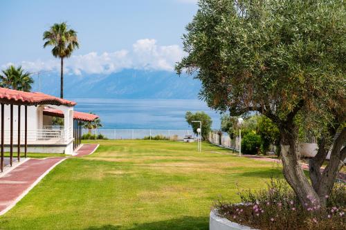 a park with a view of the ocean and mountains at Blue Marine Village in Chalkida