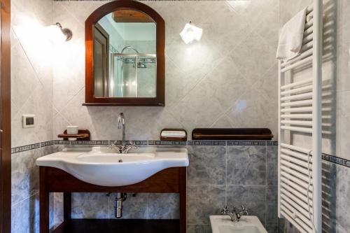 een badkamer met een wastafel, een spiegel en een toilet bij Casa Vacanza Il Carpignone 7 in Massa Marittima