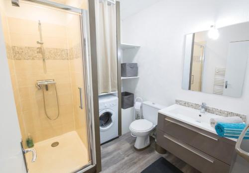 e bagno con doccia, servizi igienici e lavandino. di Studio Tarbes Marcadieu a Tarbes