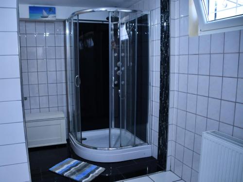 La salle de bains est pourvue d'une douche avec une porte en verre. dans l'établissement B&M Apartment, à Zierenberg
