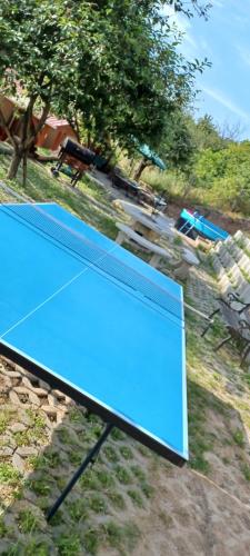 a blue tennis court with a table and chairs at Bé-La 2 Vendégház in Szomolya