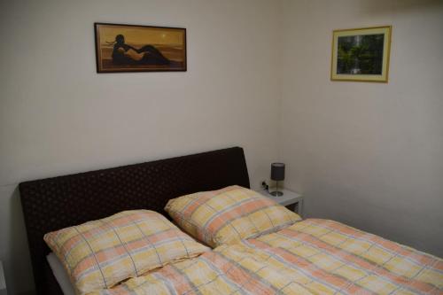 uma cama com duas almofadas e uma fotografia na parede em B&M Apartment em Zierenberg