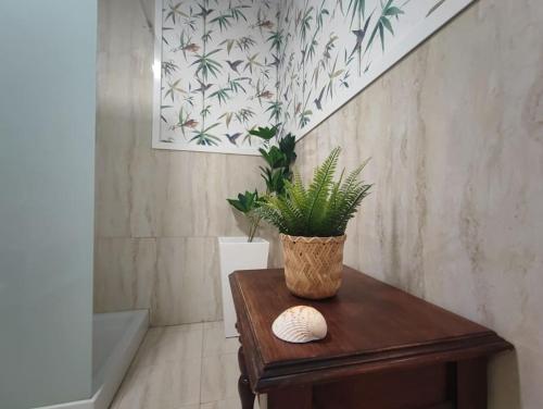 eine Pflanze, die auf einem Holztisch im Bad sitzt in der Unterkunft Luxury apartment Las Canteras in Las Palmas de Gran Canaria