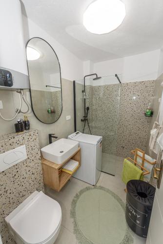 a bathroom with a toilet and a sink and a mirror at Holiday house DM in Bobovišća
