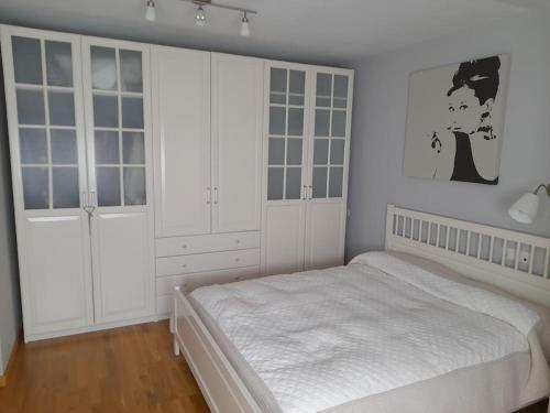 1 dormitorio blanco con 1 cama y armarios blancos en Apto Usarena Ezcaray, en Zorraquín