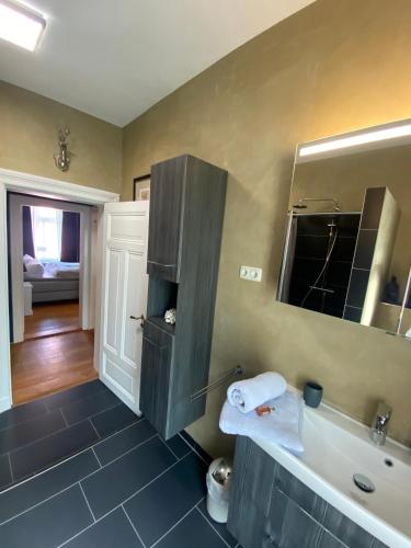 uma casa de banho com um lavatório e um espelho em Deluxe Altbaucharme in zentraler Lage em Kiel