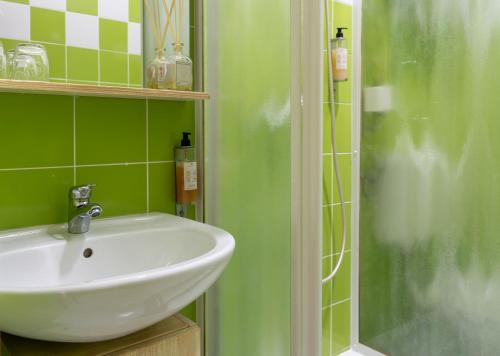 a green bathroom with a sink and a shower at Hotel Stara šola - Oleander Resort in Izola