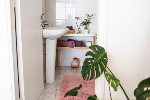 een badkamer met een wastafel en een roze kleed bij Pissouri bay studio in Pissouri