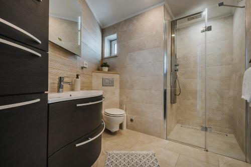 佔巴拉提拉的住宿－Apartment Korina，带淋浴、卫生间和盥洗盆的浴室