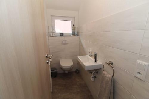 a small bathroom with a toilet and a sink at Ferienhaus am Ostfrieslandwanderweg, 15177 in Leer