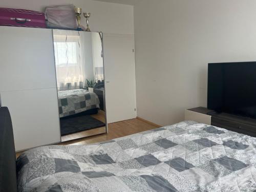 1 dormitorio con espejo, 1 cama y TV en Helle Wohnung in Linzer-Mitte, en Linz