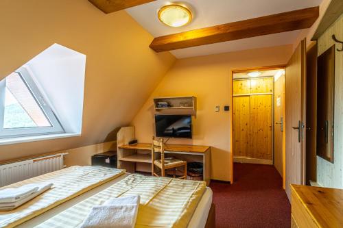 a bedroom with a bed and a window at Hotel Sluníčko in Ostravice