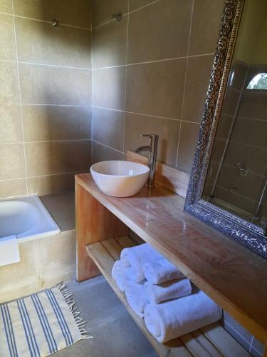 a bathroom with a sink and a tub and a mirror at Pacha Home By A.M.A in San Carlos de Bariloche