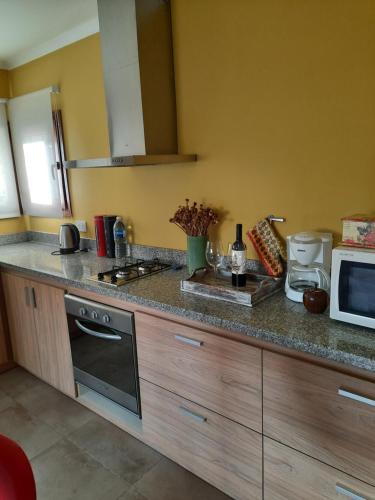 a kitchen with a counter top with a microwave at Pacha Home By A.M.A in San Carlos de Bariloche
