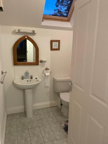 a bathroom with a sink and a toilet and a window at Garinish Court Maisonette in Glengarriff