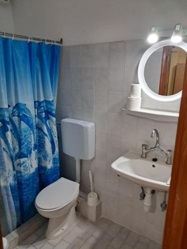 een badkamer met een toilet, een wastafel en een spiegel bij Δημητρίου in Loutra Edipsou