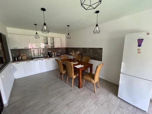 eine Küche mit einem Tisch und Stühlen sowie einem Kühlschrank in der Unterkunft Vila Alemary in Năvodari