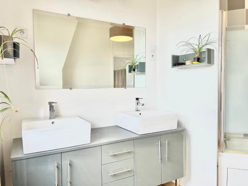 a bathroom with two sinks and a mirror at Les hauts de tison ~ Vue sur la vallée du Clain in Poitiers